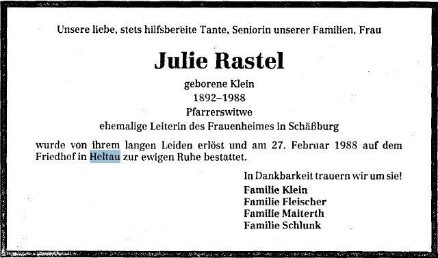 Klein Julie 1892-1988 Todesanzeige